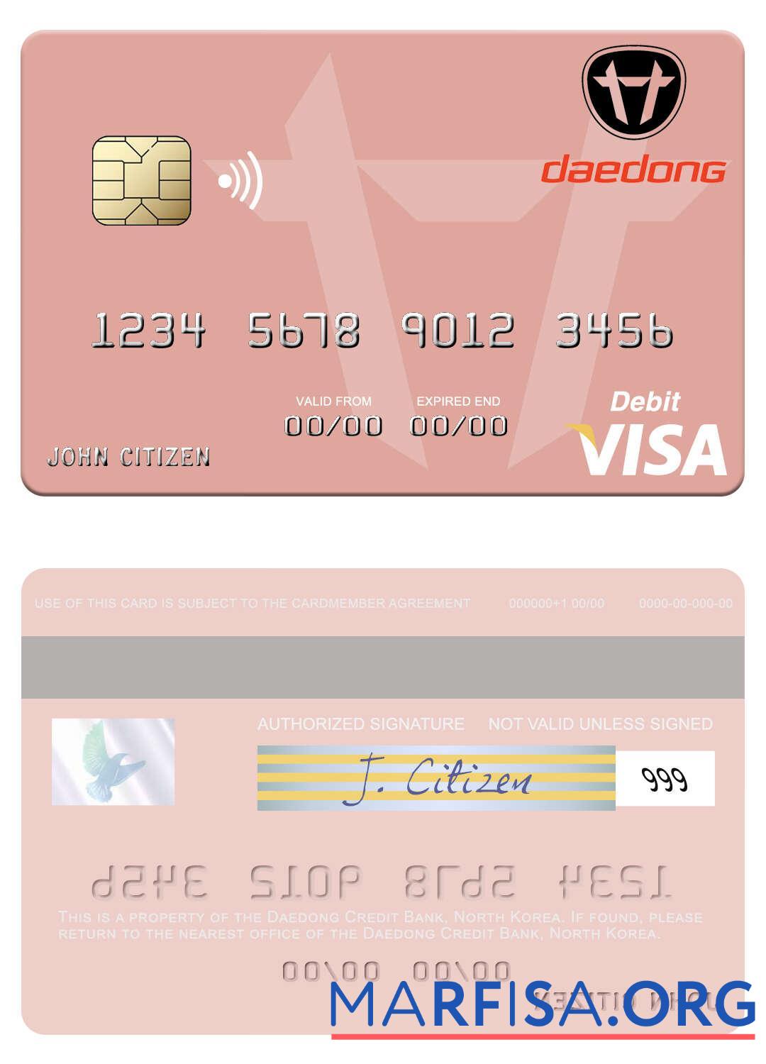 Realistic North Korea Daedong Credit Bank visa debit card template